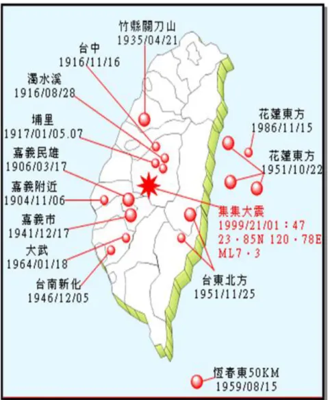 圖 1-2-2 臺灣地區百年大地震分佈示意圖 