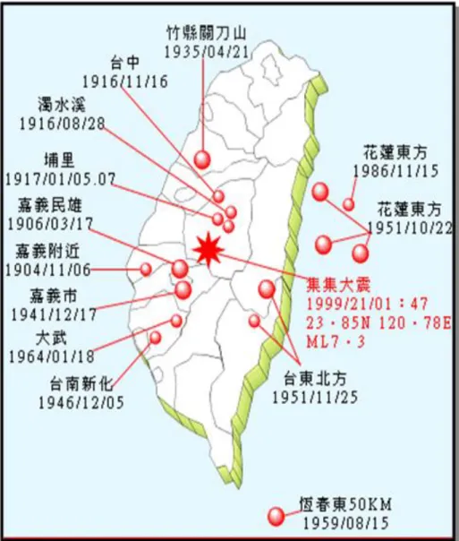 圖 1-2-3 臺灣地區百年大地震分佈示意圖 