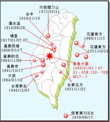 圖 1-2-3 臺灣地區百年大地震分佈示意圖 