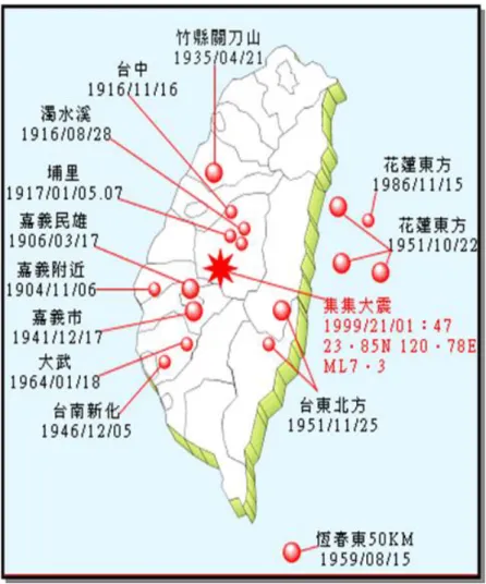圖 1-2-2 臺灣地區百年大地震分佈示意圖 