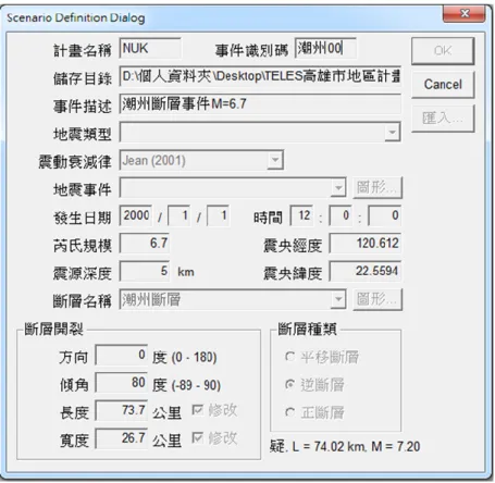 圖 3-1-14    TELES 設定潮州斷層地震基本資料 