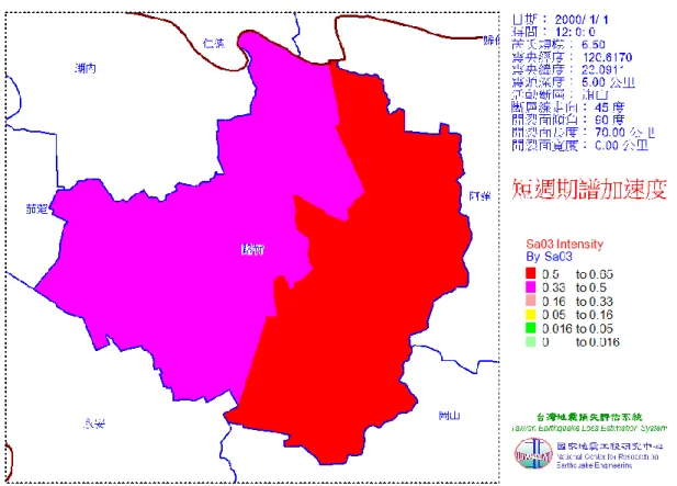 圖 3-1-4  路竹區旗山斷層地震短週期譜加速度（PGA）分佈圖 