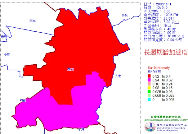 圖  3-1-5  鳳山區旗山斷層地震長週期譜加速度（PGA）分佈圖 