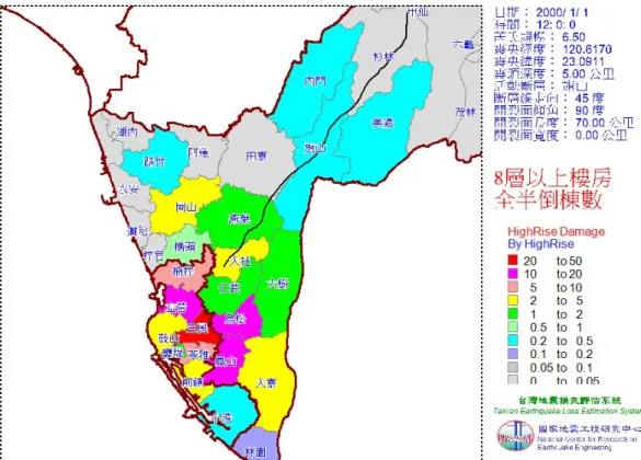 圖 4-1-9 高雄市旗山斷層地震 8 層以上樓房全半倒棟數
