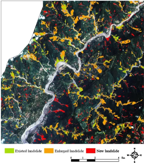 Fig. 5. Classiﬁcation and distribution of landslides (during Typhoon Morakot, 2009). 0  500  1000 1500 2000 2500 3000  0 2 4 6 8 10 12 14 16 18 20  Accumulative  rainfall (mm)Landslide ratio (%)Accumulative  rainfallLandslide area