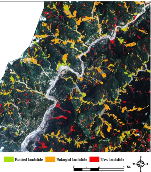 Fig. 5. Classiﬁcation and distribution of landslides (during Typhoon Morakot, 2009). 0  500  1000 1500 2000 2500 3000  0 2 4 6 8 10 12 14 16 18 20  Accumulative  rainfall (mm)Landslide ratio (%)Accumulative  rainfallLandslide area