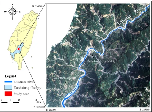 Figure 2 illustrates the study area in this research, which is located in the  upstream of Lawnon River Basin, around the Bao-Lai hot spring area with ambit of  130.4 km 2 