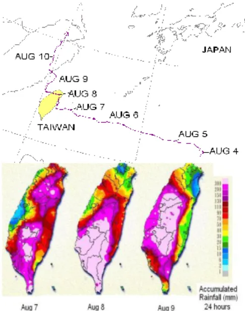 Figure 1 Path of and Accumulated rainfall due  to Typhoon Morakot, August 7 to 9, 2009