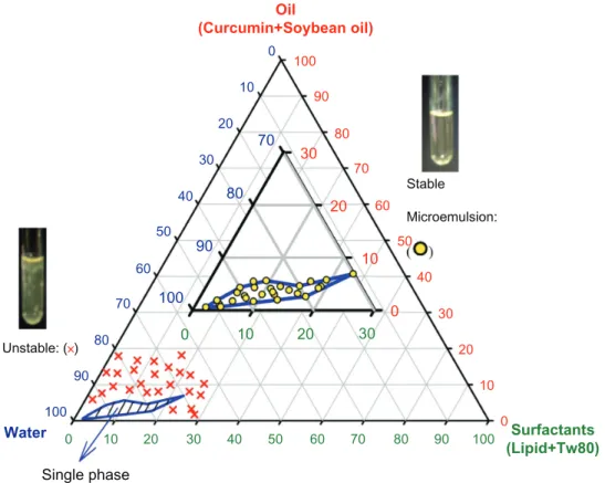 Figure 1 Stability of emulsions made from oil (soybean oil plus curcumin)/water/surfactants (lecithin plus Tween 80), stored at 25°C