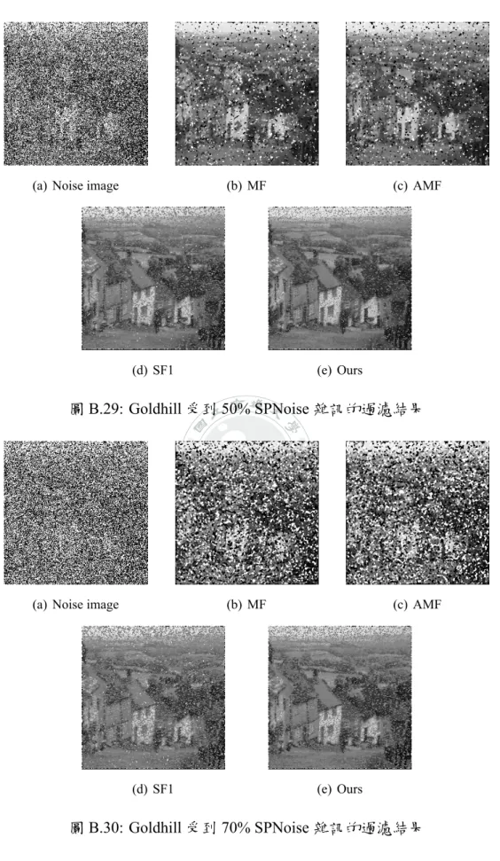 圖 B.30: Goldhill 受到 70% SPNoise 雜訊的過濾結果