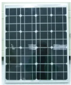 圖 4-27  表層有低鐵玻璃封裝的 25W 單晶光伏電池模組 二、實驗數據分析  在實驗的操作過程中，已盡可能的控制所有可能發生影響的誤差。在不同的入射 光強度下量測的數值以及相關的分析結果，分別說明如下。其中，以入射光強度 1000W/m 2 量測後的結果請看表 4-3 的實測值數據；相關的實測曲線的分析，如 圖 4-28 所示。表 4-4～4-6 以及圖 4-29～4-31 分別為 900W/m 2 、800W/m 2 、700W/m 2 的量測結果。  （一）入射光強度 1000W/m 2 的量測結