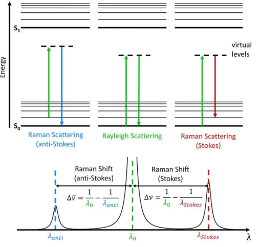 Figure 2.3. Schematic of Rayleigh, Stokes, and anti-Stokes scattering process [29]. 