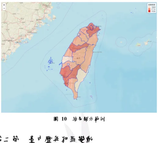 圖   10  結果顯示範例  第二節   臺中歷年犯罪變動  身為在逢甲就學的學生，抑或是即將來臺中工作、就讀的人們，臺中的 危險程度是和我們息息相關的因素，故我們利用做出來的 Shiny 互動式網頁 對於臺中在所有危險變數下歷年 (97-106)的危險程度表現做分析。但由於「重 大恐嚇取財」在 102、103、104、106 這四年度中，各縣市的表現皆為零， 以及「對幼性交」一項在 105 年度 12 月後不歸類在暴力犯罪項中，致使 106 對幼性交一項的各縣市表現皆為零，避免資訊上的缺失造成無法比較的