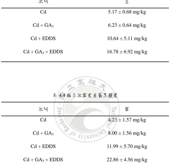 表 4.3 鎘各組莖重金屬累積量  組別  莖  Cd  5.17 ± 0.68 mg/kg  Cd + GA 3 6.23 ± 0.64 mg/kg  Cd + EDDS  10.64 ± 5.11 mg/kg  Cd + GA 3  + EDDS  16.78 ± 6.92 mg/kg  表 4.4 鎘各組葉重金屬累積量  組別  葉  Cd  4.23 ± 1.57 mg/kg  Cd + GA 3 8.00 ± 1.56 mg/kg  Cd + EDDS  11.99 ± 5.70 mg/kg  C
