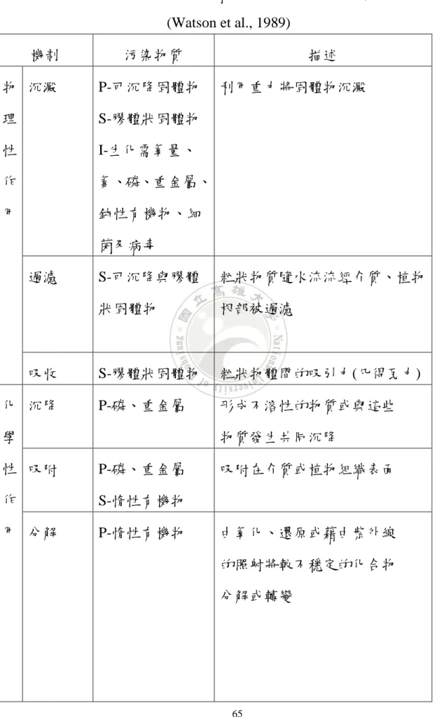 表  2.5 人工濕地的去除機制與影響之污染物質  (Watson et al., 1989)  機制  污染物質  描述  物  理  性  作  用  沉澱  P-可沉降固體物 S-膠體狀固體物 I-生化需氧量、 氮、磷、重金屬、鈍性有機物、細 菌及病毒  利用重力將固體物沉澱  過濾  S-可沉降與膠體 狀固體物  粒狀物質隨水流流經介質、植物根部被過濾  吸收  S-膠體狀固體物  粒狀物體間的吸引力(凡得瓦力)  化  學  性  作  用  沉降  P-磷、重金屬  形成不溶性的物質或與這些 物