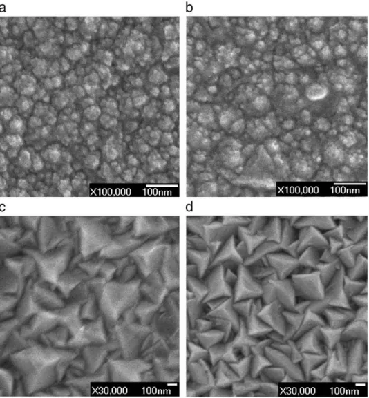 Figure 1.2 SEM images of PET/ZnO thin films at different deposition temperatures: (a) 383 K,  Rs ~ 10 k Ω at d ~ 560 nm, (b) 398 K, Rs ~ 2 k Ω at d ~ 720 nm, (c) 423 K, Rs ~ 250 Ω at d ~  1080 nm, and (d) 428 K, Rs ~ 300 Ω at d ~ 1250 nm