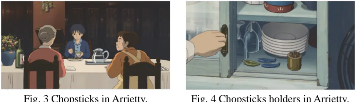 Fig. 3 Chopsticks in Arrietty.  Fig. 4 Chopsticks holders in Arrietty.  To sum up, the animation presents some specific Japanese items which were not  mentioned in the original text