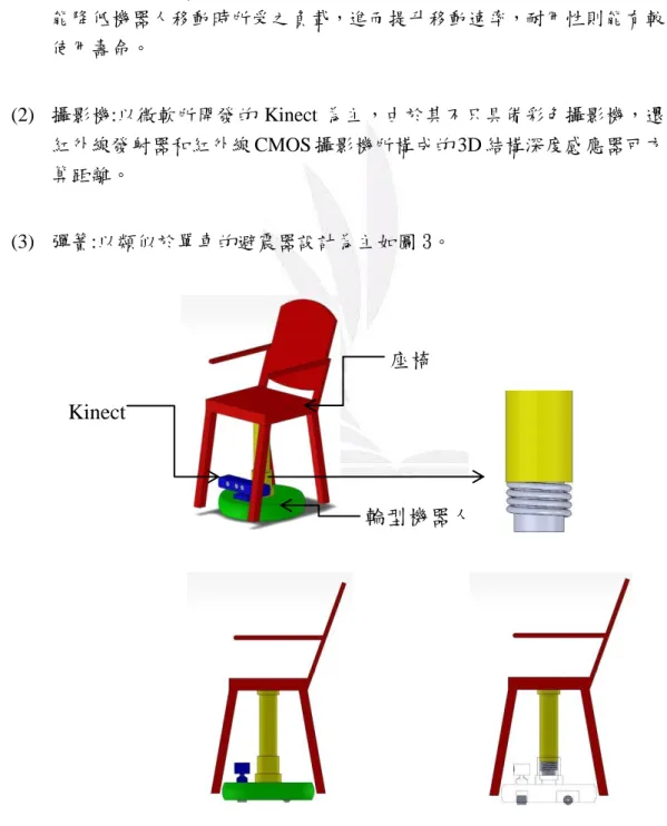圖 2  座椅機器人運作流程圖  1.2  座椅機器人機構設計  本座椅機器人之機構設計如圖 3，為 SolidWorks 繪製之架構設計示意圖，以 下針對機器人架構進行說明:  (1)  座椅:以塑膠材質為主，主要在於其具有輕便性、耐用性…等特性，輕便性 能降低機器人移動時所受之負載，進而提升移動速率，耐用性則能有較長的 使用壽命。  (2)  攝影機:以微軟所開發的 Kinect 為主，由於其不只具備彩色攝影機，還具備 紅外線發射器和紅外線 CMOS 攝影機所構成的 3D 結構深度感應器可方便計 算距離