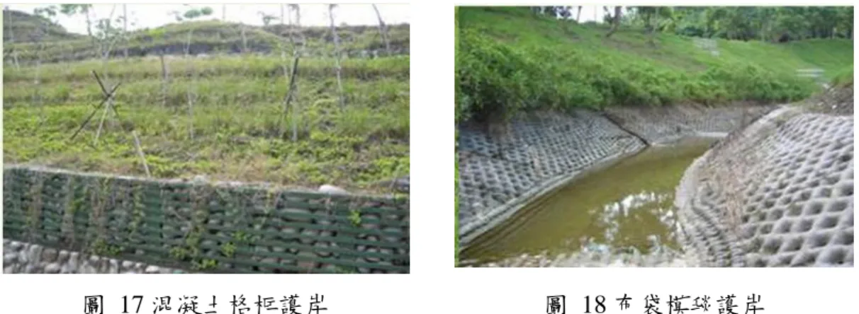 圖  17 混凝土格框護岸  圖  18 布袋模毯護岸  過去傳統工程以結構物的安全性為首要考量重點，其次為經濟性考量、景觀 綠美化考量，往往忽略了生態性之重要。例如：傳統工法(溪流整治、水利工程) 進行結構物施做時運用大量混凝土，於堤防或護岸施工時為漿砌石混凝土封閉式 施工方式，無法植生綠美化；封底式固床構造，截斷地下水補注，使水生植物無 生存棲息地；完全垂直化的護岸設計，拉遠陸生動植物與水域距離，無法提供良 好之植生環境等(陳信雄等，2003)。  生態工程與傳統工法之最大差異在於其是運用自然界本身的調
