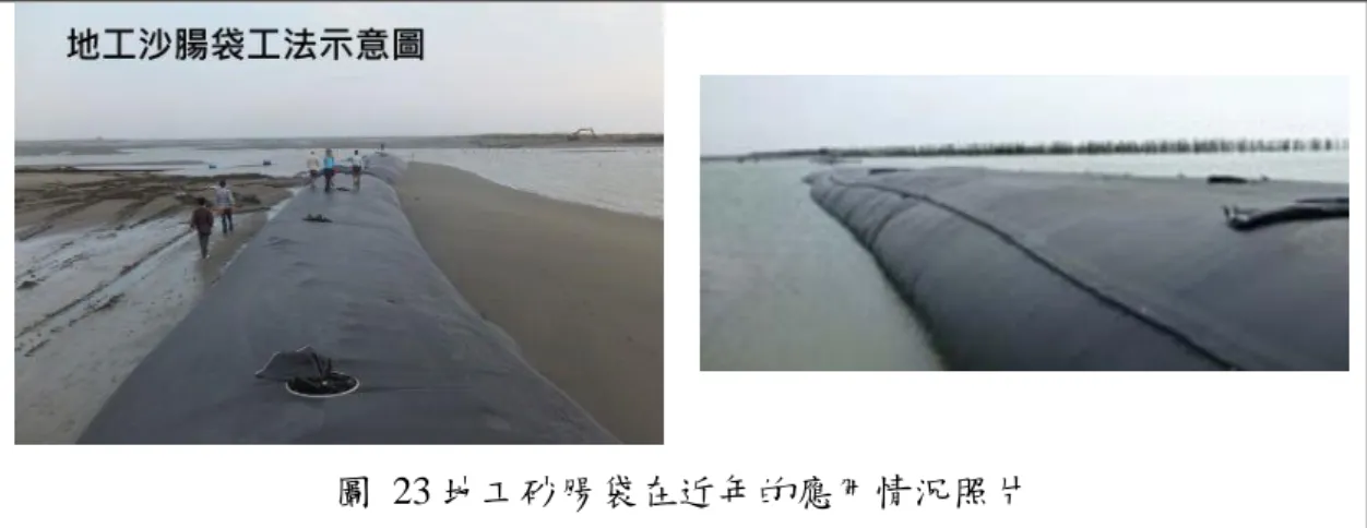 圖  23 地工砂腸袋在近年的應用情況照片  左圖為地工砂腸袋應用在臺南市七股區青山港沙洲，主要目的在於沙洲復育， 圖片取自台南市政府水利局網站；右圖為地工砂腸袋應用在臺南市北門區王爺 港沙洲，目的一樣是沙洲復育，圖片取自何昱賢等(2013)。  三、創新應用說明  3.1    台灣多數河川環境所面臨的問題  台灣屬多山的海島型國家，從地質構造來看，地層年代較輕，地質條件脆弱， 河道上游多為風化之礫石岩層，易受降雨沖刷與地震影響，崩落至溪床，提供河 床不少鬆散的料源。近年來台灣氣候變遷劇烈，極端降雨的發生