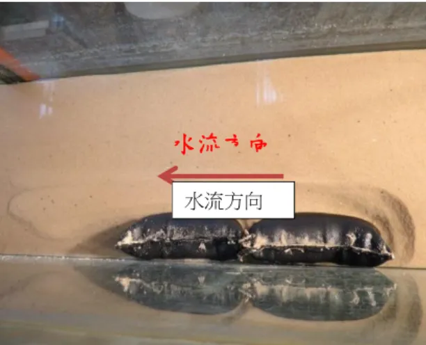 圖  45 無懸掛沖刷防護袋之砂腸袋護岸 渠槽實驗情況  圖  46 懸掛兩個沖刷防護袋(1 號及 3 號位置，砂面下)之砂腸袋護岸渠槽實驗 情況  圖  47 懸掛一個沖刷防護袋(2 號位 置，砂面上)之砂腸袋護岸渠槽實驗情 況  圖  48 懸掛三個沖刷防護袋(1、2 及 3 號位置，砂面上)之砂腸袋護岸渠槽實驗情況  圖  49 懸掛一個沖刷防護袋(2 號位 置，砂面下)之砂腸袋護岸渠槽實驗情 況  圖  50 懸掛三個沖刷防護袋(1、2 及 3 號位置，砂面下)之砂腸袋護岸渠槽實驗情況 水流方向  