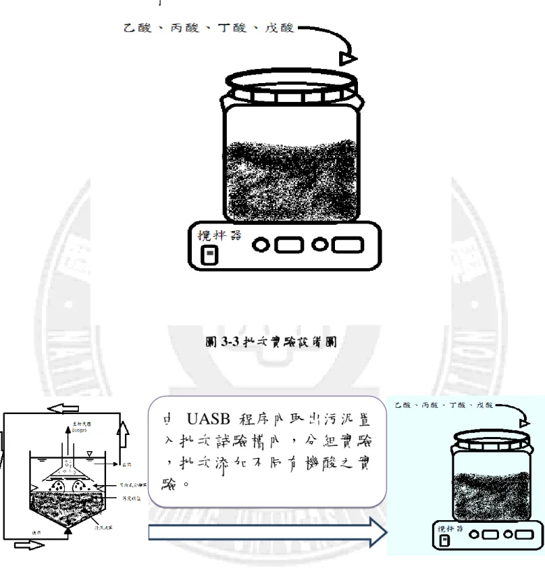 圖 3-3 批次實驗設備圖 分次添加:  由 UASB 程序內取出污泥置 入批次試驗槽內，分組實驗 ，批次添加不同有機酸之實 驗。 圖 3-4 批次實驗示意圖 