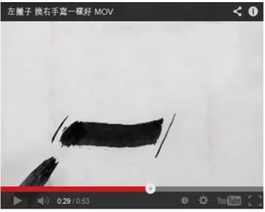 圖  1-2  以左手執筆寫出楷書橫畫  (資料來源：書法教學資料庫網站，2013）  4.  關於左撇子改為右手寫書法的實際案例不少，自由時報曾刊登一則關於左 撇子以右手寫書法的新聞，左撇子的高中生陳柏蒼，在練習書法的過程中， 分別嘗試過左手與右手書寫，並且經由老師建議改為右手，在研究者蒐集 相關資料時，發覺許多書法老師在指導左撇子的過程中也常建議學生使用 右手，多數的左撇子適應良好，經由練習後都能掌握學習要領。報導如下：  國立三重高中二年級學生陳柏蒼，身為左撇子的他，無論吃 飯、寫功課都用左手，但唯有