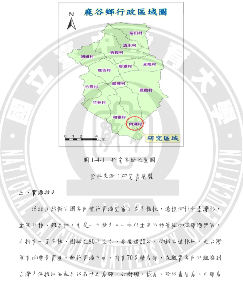 圖 1-4-1  研究區域位置圖  資料來源：研究者繪製  三、資源特色      溪頭自然教育園區內植物資源豐富且具多樣性，遍植柳杉和臺灣杉， 孟宗竹林、銀杏林，更是一大特色。一向以孟宗竹林著稱的溪頭遊樂區， 也擁有一百多株、樹齡在80年左右、高度達20公尺的銀杏造林地，是台灣 僅有的寶貴資產。動物資源方面，約有70多種鳥類，在觀賞區內可觀察到 台灣中海拔地區最具代表性之鳥類，如樹鵲、藪鳥、冠羽畫眉鳥、白頭鳥