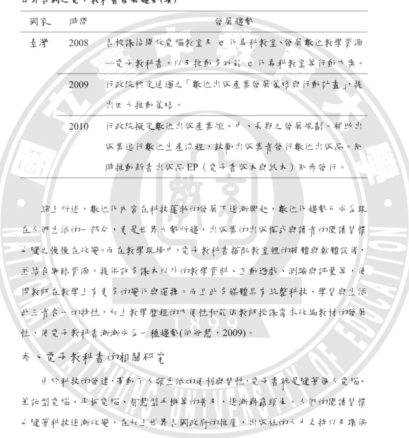 表 2-2      世界各國之電子教科書發展趨勢(續)  綜上所述，數位化內容在科技蓬勃的發展下逐漸興起，數位化趨勢已成為現 在人們生活的一部分，更是世界大勢所趨，出版業的出版模式與讀者的閱讀習慣 也隨之慢慢在改變。而在教學現場中，電子教科書搭配教室裡的硬體與軟體設備， 並結合網路資源，提供許多課本以外的教學資料、互動遊戲、測驗與評量等，使 得教師在教學上有更多的變化與選擇。而且此多媒體具有統整科技、學習與生活 此三者合一的特性，加上教學歷程的方便性和能依教師授課需求改編教材的發展 性，使電子教科書漸漸成