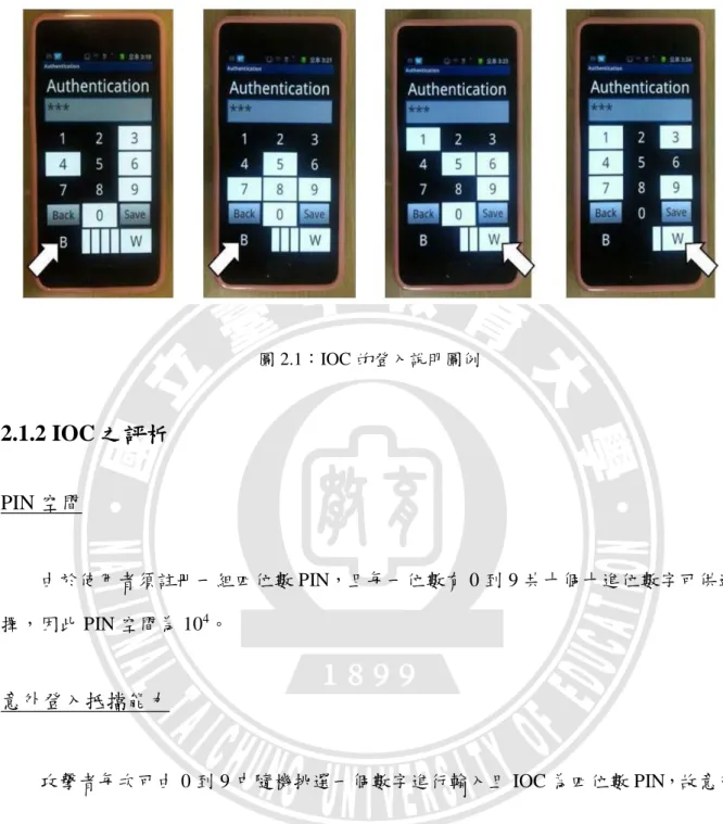 圖 2.1：IOC 的登入說明圖例  2.1.2 IOC 之評析  PIN 空間  由於使用者須註冊一組四位數 PIN，且每一位數有 0 到 9 共十個十進位數字可供選 擇，因此 PIN 空間為 10 4 。  意外登入抵擋能力  攻擊者每次可由 0 到 9 中隨機挑選一個數字進行輸入且 IOC 為四位數 PIN，故意外 登入機率為 4 101  alp [Lee14]。