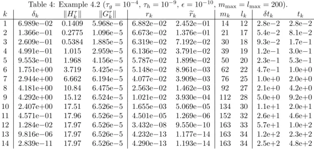Table 5: Example 4.3 (τ g = 10 −4 , τ h = 10 −9 ,  = 10 −10 , m max = l max = 200).