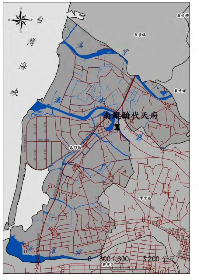圖 1-3-2 台南市北門區水系與交通研究範圍圖  資料來源：研究者自繪 