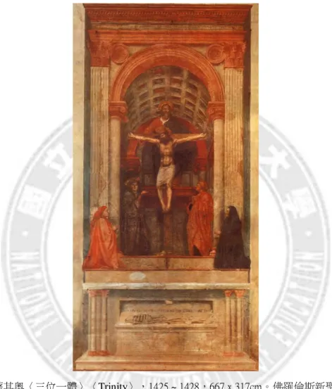 圖 11  馬薩其奧〈三位一體〉〈Trinity〉，1425 ~ 1428，667 x 317cm。佛羅倫斯新聖母教堂。  圖片來源：http://www.epochtimes.com 2013/07/30