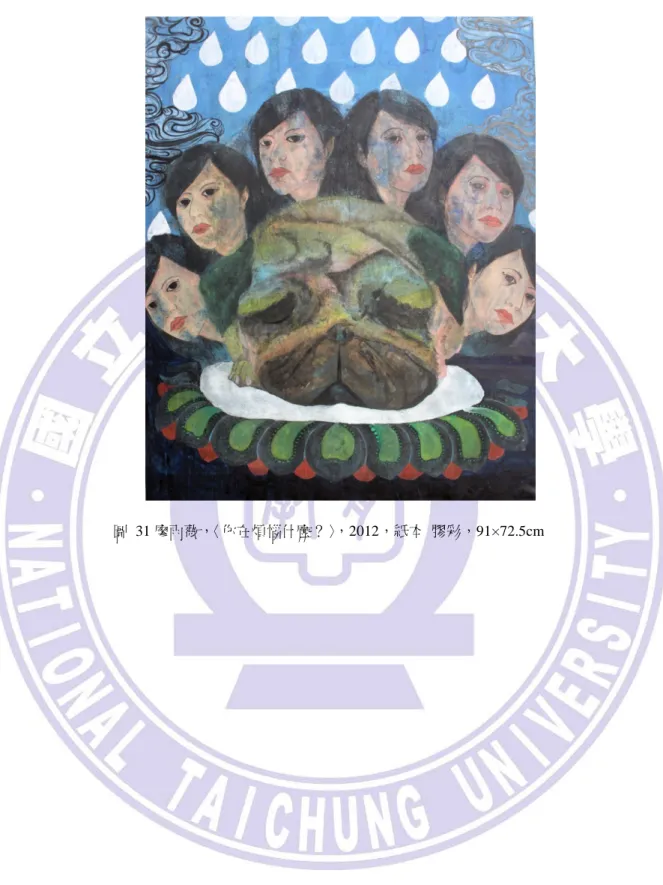 圖  31 廖雨薇，〈你在煩惱什麼？〉，2012，紙本 膠彩，91×72.5cm 