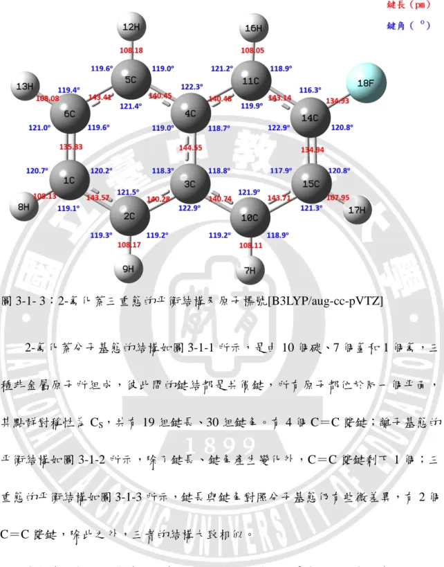 圖 3-1- 3：2-氟化萘三重態的平衡結構及原子標號[B3LYP/aug-cc-pVTZ]  2-氟化萘分子基態的結構如圖 3-1-1 所示，是由 10 個碳、7 個氫和 1 個氟，三 種非金屬原子所組成，彼此間的鍵結都是共價鍵，所有原子都位於同一個平面， 其點群對稱性為 C S ，共有 19 組鍵長、30 組鍵角。有 4 個 C＝C 雙鍵；離子基態的 平衡結構如圖 3-1-2 所示，除了鍵長、鍵角產生變化外，C＝C 雙鍵剩下 1 個；三 重態的平衡結構如圖 3-1-3 所示，鍵長與鍵角對照分子基態仍有些