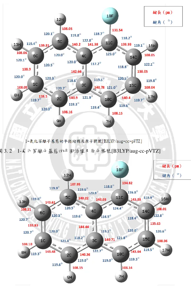 圖 3. 2    1-氟化萘離子基態的平衡結構及原子標號[B3LYP/aug-cc-pVTZ] 