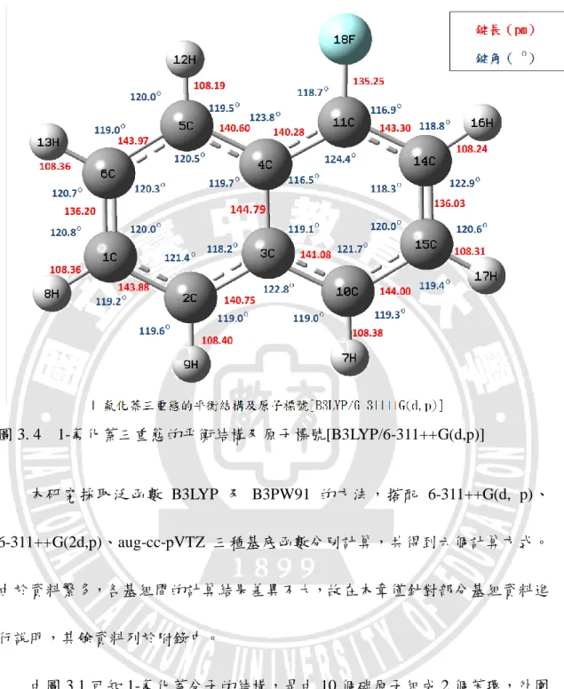 圖 3. 4    1-氟化萘三重態的平衡結構及原子標號[B3LYP/6-311++G(d,p)] 本研究採取泛函數 B3LYP 及 B3PW91 的方法，搭配 6-311++G(d,  p)、 6-311++G(2d,p)、aug-cc-pVTZ 三種基底函數分別計算，共得到六個計算方式。 由於資料繁多，各基組間的計算結果差異不大，故在本章僅針對部分基組資料進 行說明，其餘資料列於附錄中。  由圖 3.1 可知 1-氟化萘分子的結構，是由 10 個碳原子組成 2 個苯環，外圍 接有 7 個氫原子和 1 個