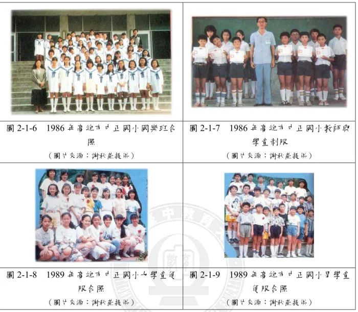 圖 2-1-6  1986 年高雄市中正國小國樂班合 照  （圖片來源：謝秋燕提供） 圖 2-1-7  1986 年高雄市中正國小教師與學童制服  （圖片來源：謝秋燕提供）  圖 2-1-8  1989 年高雄市中正國小女學童便 服合照  （圖片來源：謝秋燕提供） 圖 2-1-9  1989 年高雄市中正國小男學童便服合照 （圖片來源：謝秋燕提供）         至 90 年代，教師服飾的色彩已呈現豐富多樣。男教師的襯衫出現搭配背心、夾克 等變化，穿著 polo 衫的男教師人數大幅增多，其中又以條紋花樣或