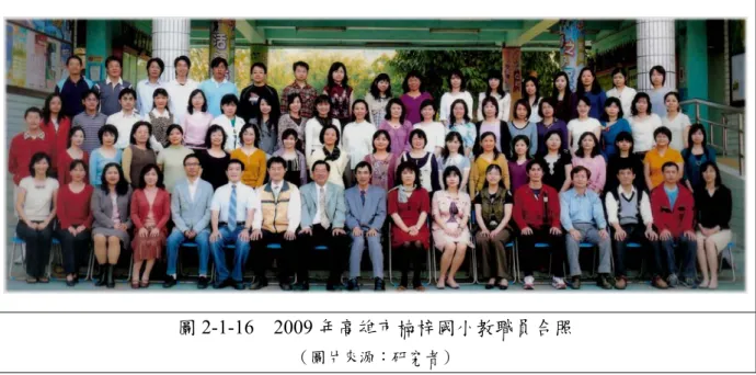 圖 2-1-16  2009 年高雄市楠梓國小教職員合照  （圖片來源：研究者）         由上述教師服飾演變資料得知，教師服飾已經改變了傳統的制式規範，但穿著仍在 保守體制內，相較於時裝，演變速度是較為緩慢。然而，歷史造就出現今的教師服飾， 現今的教師服飾也將寫下另一篇歷史，繼續提供教師在未來選擇服飾的泉源靈感與流行 演變趨勢。