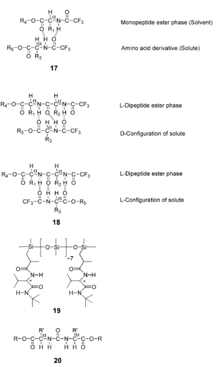Fig. 2. Structures of monopeptide solvent – solute interaction (17), interactions of an N-TFA dipeptide ester (solvent) with D - and L -N-TFA amino acid esters (solute) (18), structure of the chiral stationary phase Chirasil-Val (19), general formula of ur