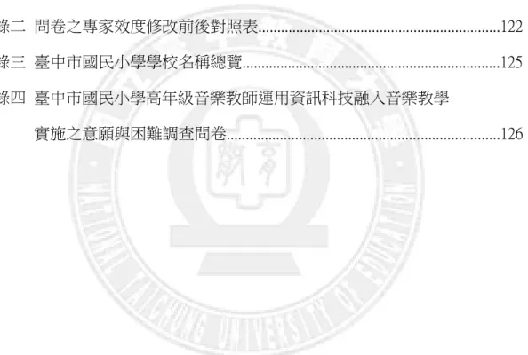 圖        次  圖2-1資訊科技融入教學中教師、學生、領域內容間的相互關係..........................10  圖3-1研究流程圖................................................................................................................30  附        錄    附錄一  問卷專家效度分析結果...............................