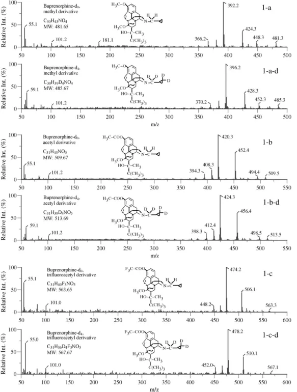 Fig. 4. Mass spectra of buprenorphine and derivatization artifact products (and their isotopically labeled analog) resulting from various derivatization groups: buprenorphine (1), derivatization artifact product-I (2), derivatization artifact product-II (3