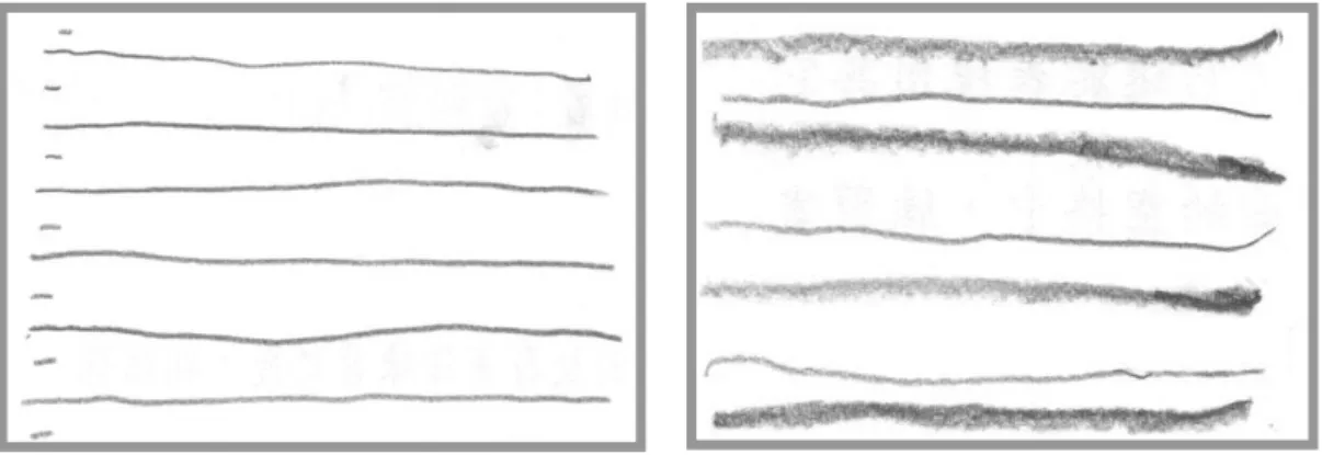 圖 4-1-33    S26 線的對比創作圖形  圖 4-1-34    S24 線的對比創作圖形  圖 4-1-35    S24 線的對比創作圖形  圖 4-1-36    S22 線的對比創作圖形  (三)線的漸層表現          透過教學單元： 〈層層疊疊點、線、面(一)~長短、大小、濃淡的漸層〉 、 〈層 層疊疊點、線、面(二)~多少、聚散的漸層〉等單元，學童以各種線進行漸層概 念之鉛筆線畫創作，其線畫表現如下：  圖 4-1-37    S10 線的漸層創作圖形  圖 4-1-38   