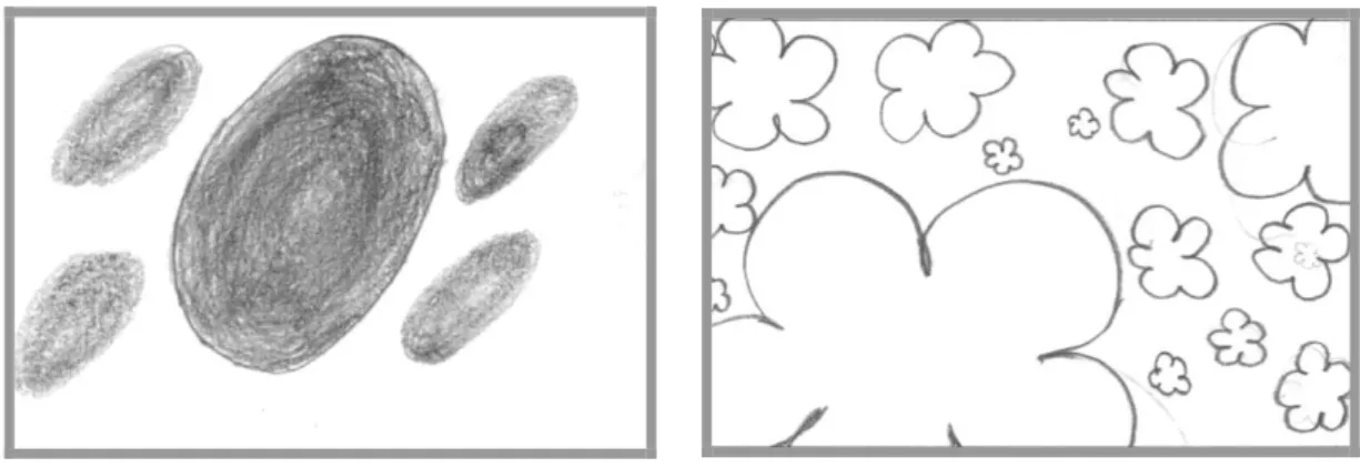 圖 4-1-43    S24 面的反覆創作圖形  圖 4-1-44    S13 面的反覆創作圖形  (二)面的對比表現          透過教學單元： 〈點、線、面黑白畫(一)〉 、 〈點、線、面黑白畫(二)〉等單元， 學童以各種面進行對比概念之鉛筆線畫創作，其線畫表現如下：  圖 4-1-45    S31 面的對比創作圖形  圖 4-1-46    S16 面的對比創作圖形  圖 4-1-47    S22 面的對比創作圖形  圖 4-1-48    S16 面的對比創作圖形  (三)面的漸層表現