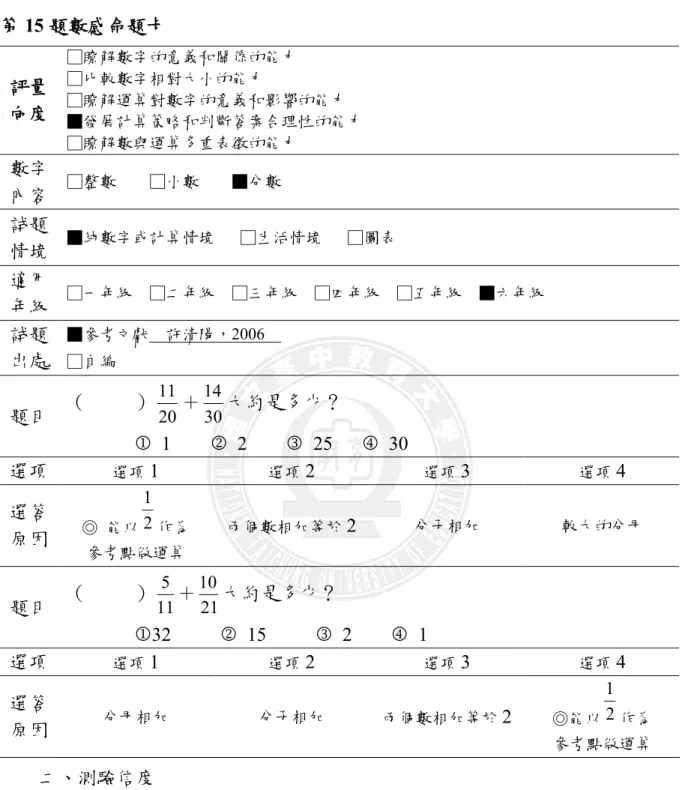 表 3-3-2    第 15 題數感命題卡  評量 向度  □瞭解數字的意義和關係的能力 □比較數字相對大小的能力  □瞭解運算對數字的意義和影響的能力  ■發展計算策略和判斷答案合理性的能力  □瞭解數與運算多重表徵的能力  數字 內容  □整數    □小數    ■分數  試題 情境  ■純數字或計算情境   □生活情境   □圖表  適用 年級  □一年級  □二年級  □三年級  □四年級  □五年級  ■六年級  試題 出處  ■參考文獻  許清陽，2006   □自編  題目  （     