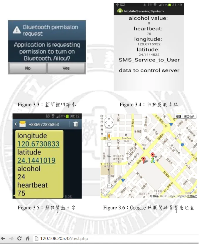 Figure 3.3：藍芽權限請求  Figure 3.4：行動感測系統 