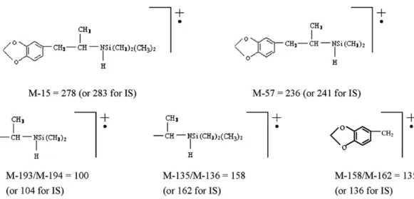 Figure 2. Fragments of major ions derived from MDA (as t-BDMS derivatives).