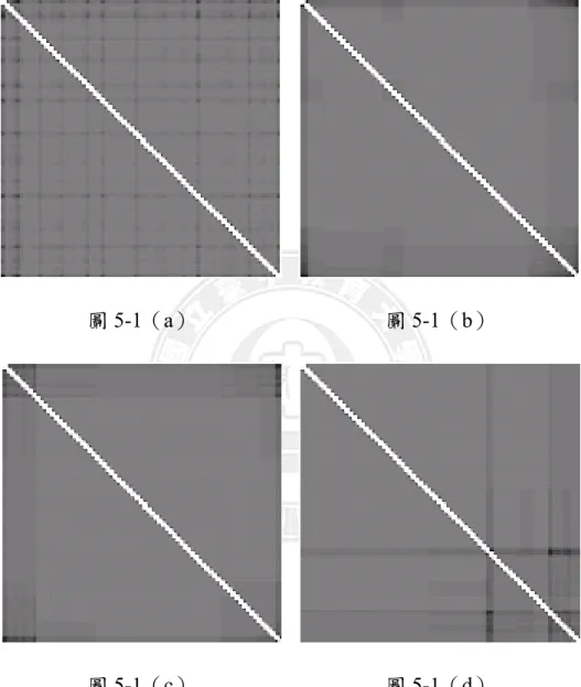 圖 5-1（d）可看出這些具有高相關性的特徵經過減低特徵給定的區塊排列之後也 可以發現對角線的亮度很明顯的比非對角線的亮度來的高。 