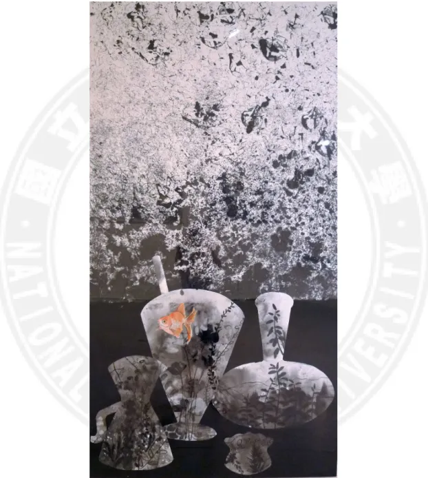 圖 4-6  廖秀敏，疏離，2010，水墨設色，95  ×  180 cm 