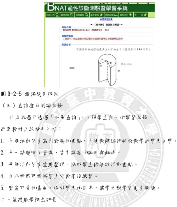 圖 3-2-5 錯誤題目解說  （四）查詢歷來測驗紀錄     此系統還可透過「成果查詢」，了解學生自己的學習紀錄。  此套教材系統特色包括：  1.  每個活動皆有寫出對應的重點，方便教師進行補救教學或學生自學。  2